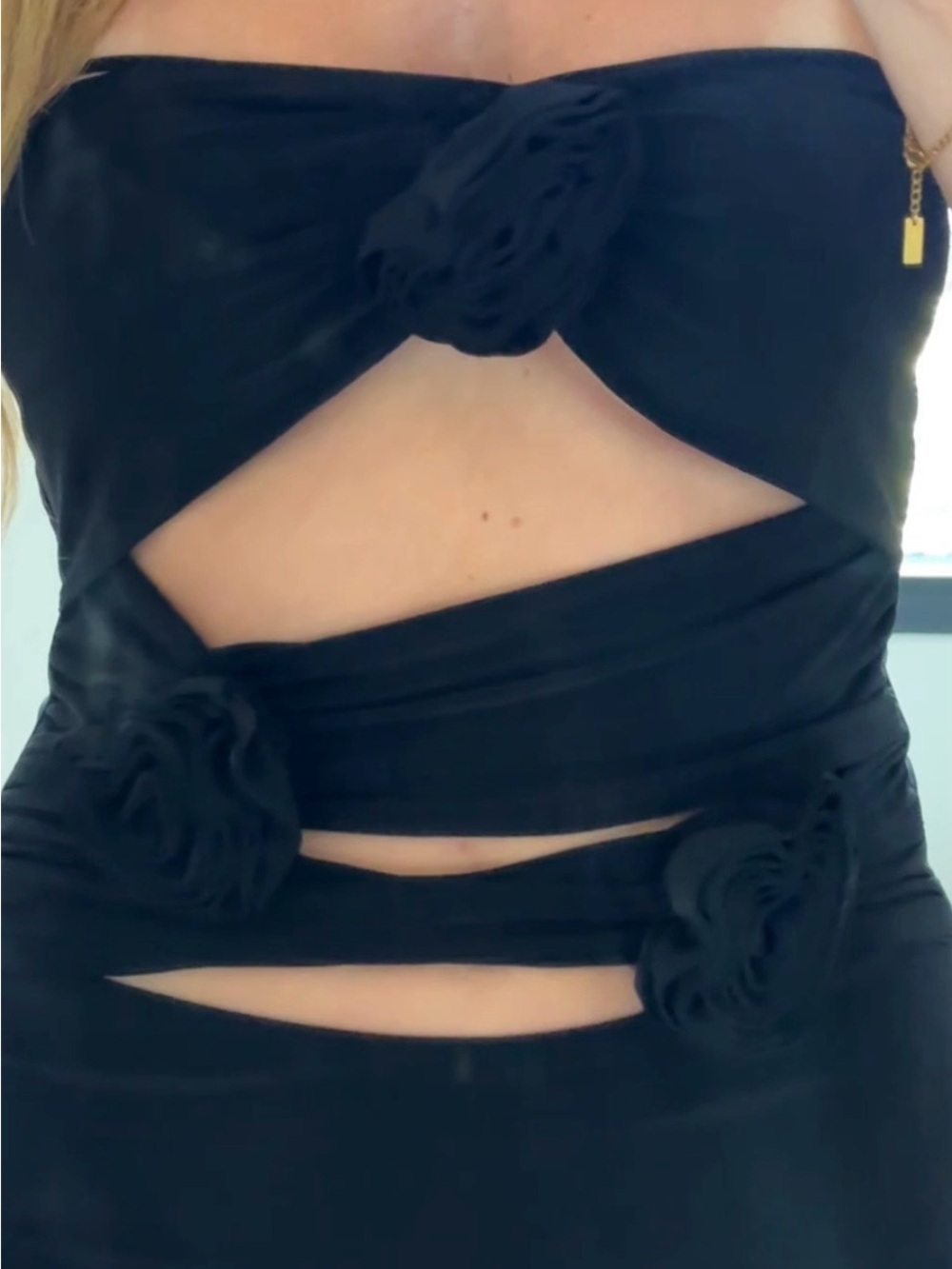 WinWin Black Strapless Maxi Dress with Floral Rosettes and cut outs